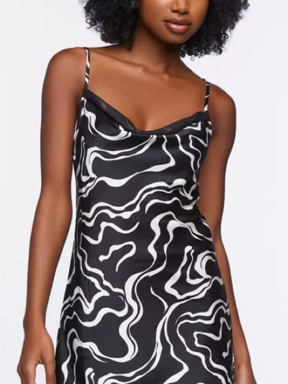 Forever 21 Abstract Print Slip Dress Black White Satin Cowl Neck Medium